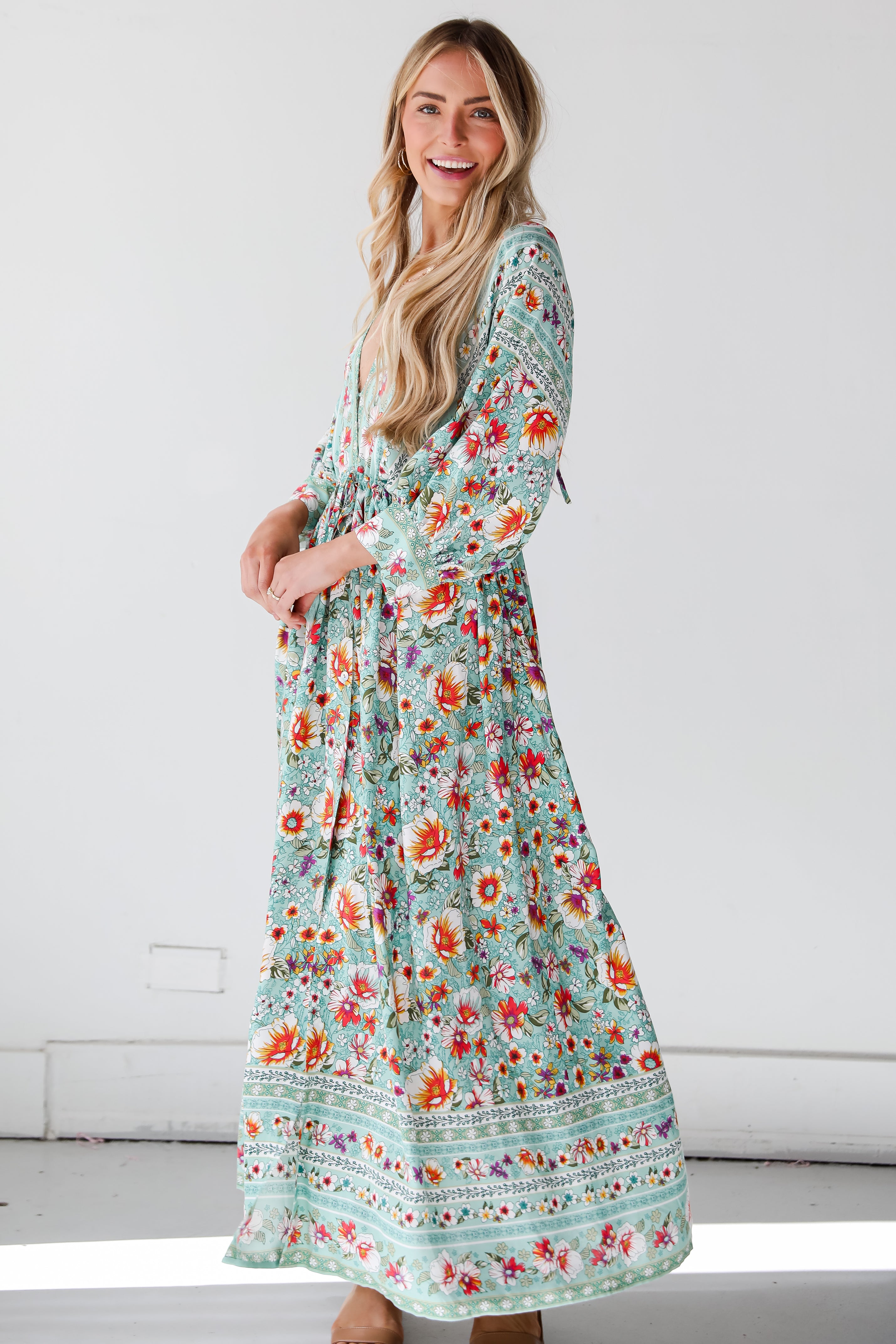 cute green Floral Maxi Dress