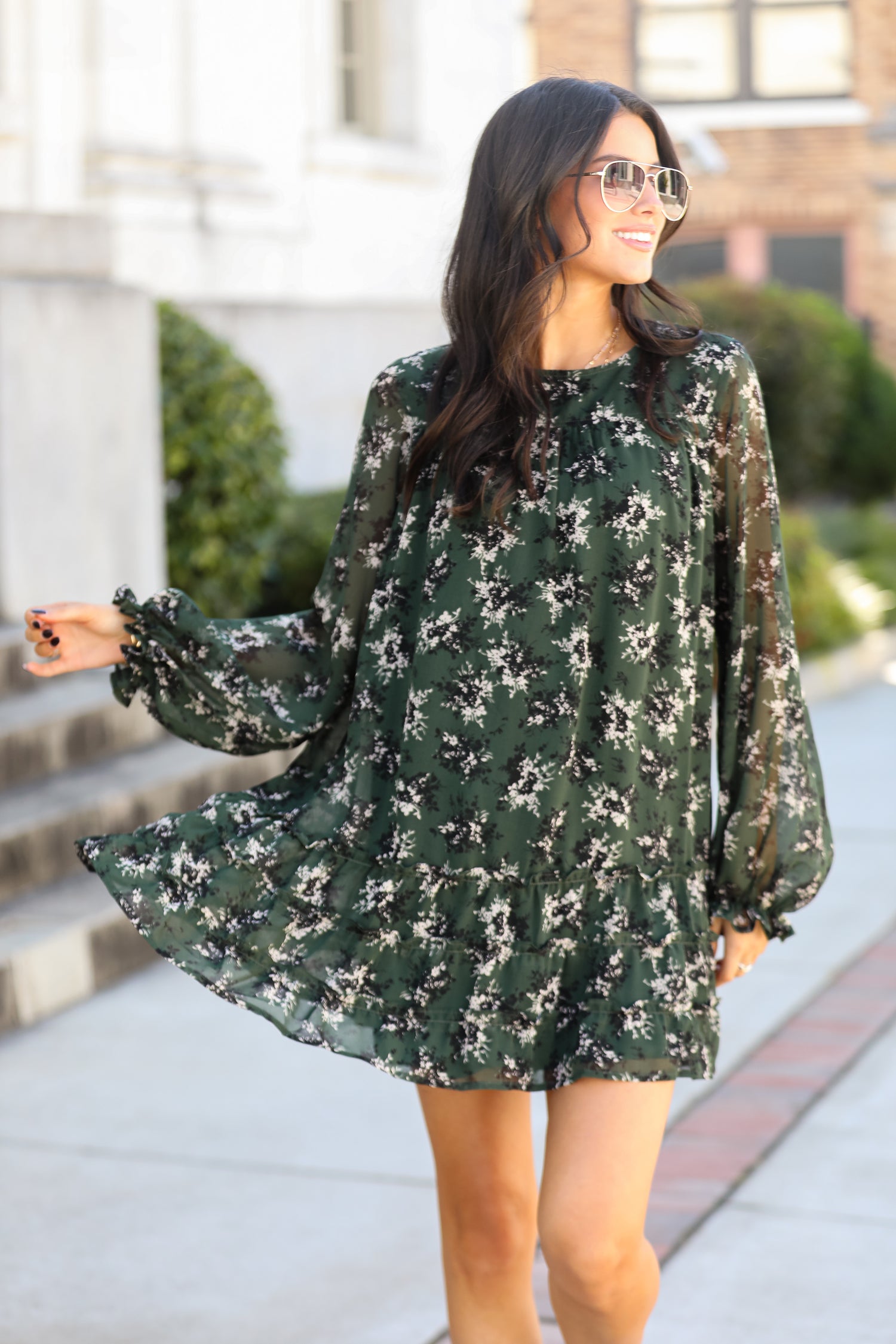 Adorably Flirty Hunter Green Floral Mini Dress