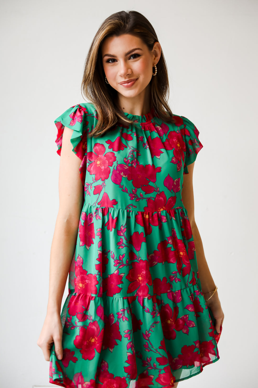 Kelly Green Tiered Floral Mini Dress