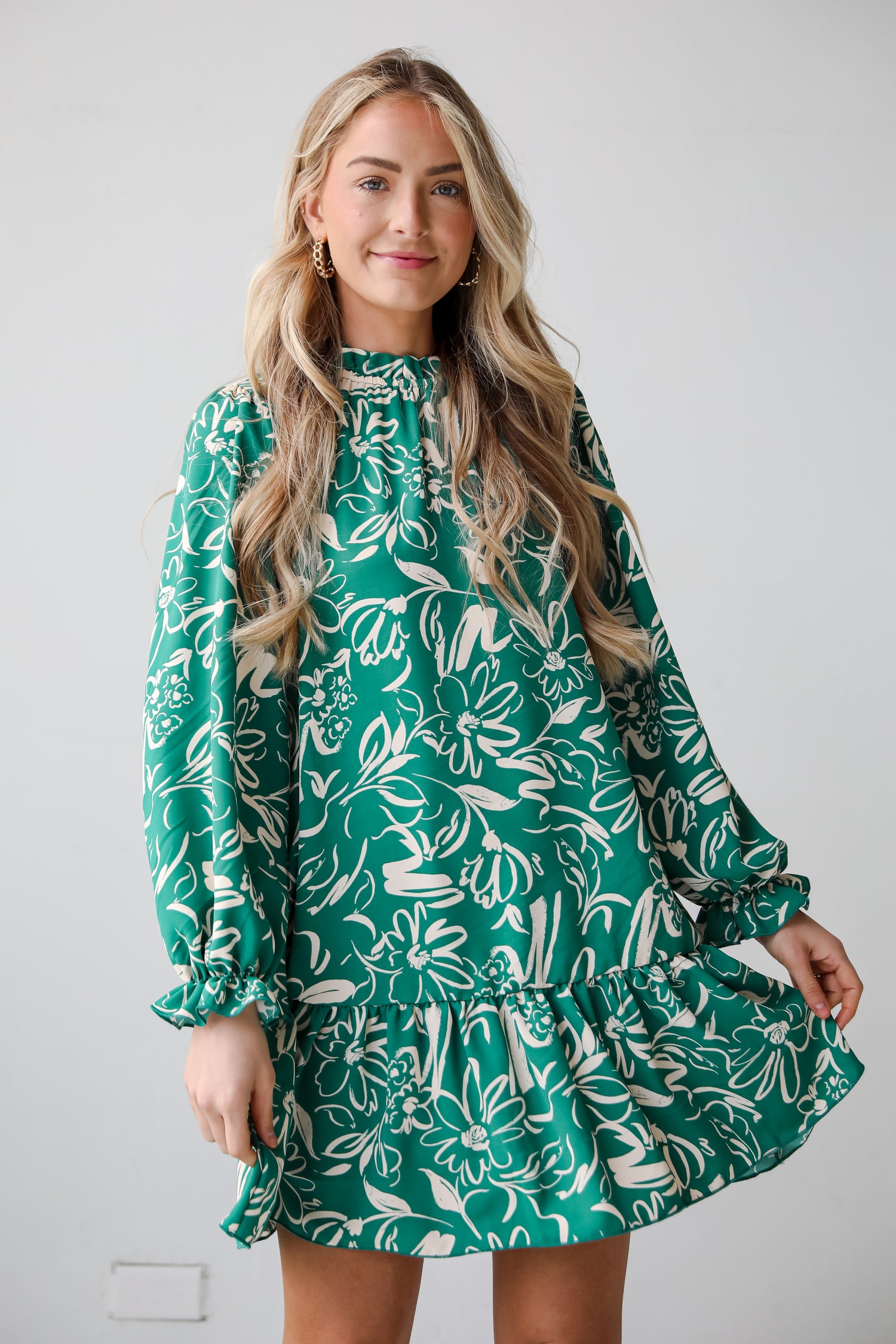 long sleeve Green Floral Mini Dress Darling Quality Green Floral Mini Dress.