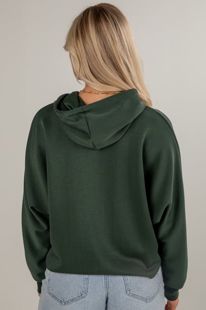 Person wearing a green hoodie from behind on a plain background
