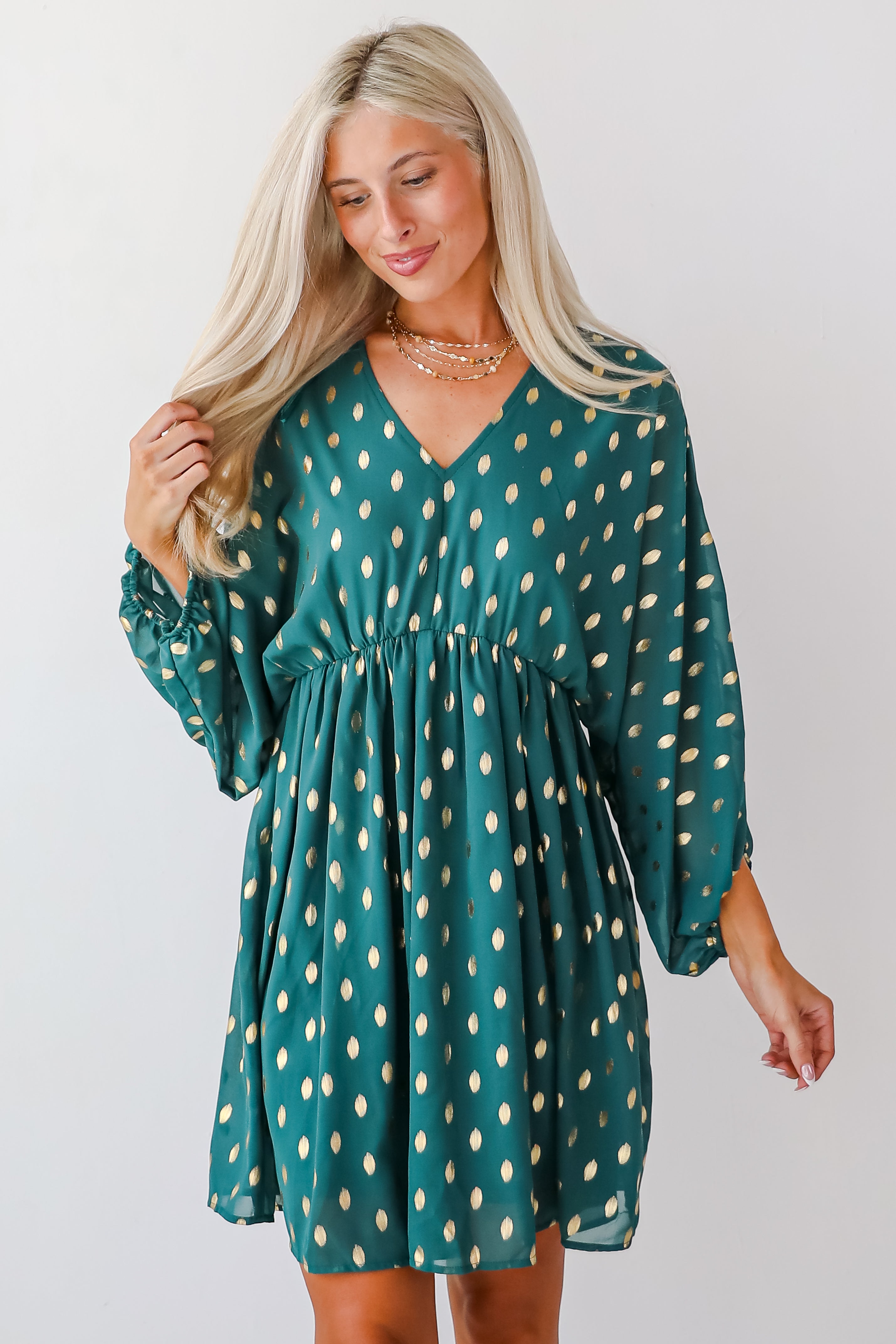 Gorgeous Favorite Hunter Green Dotted Babydoll Mini Dress