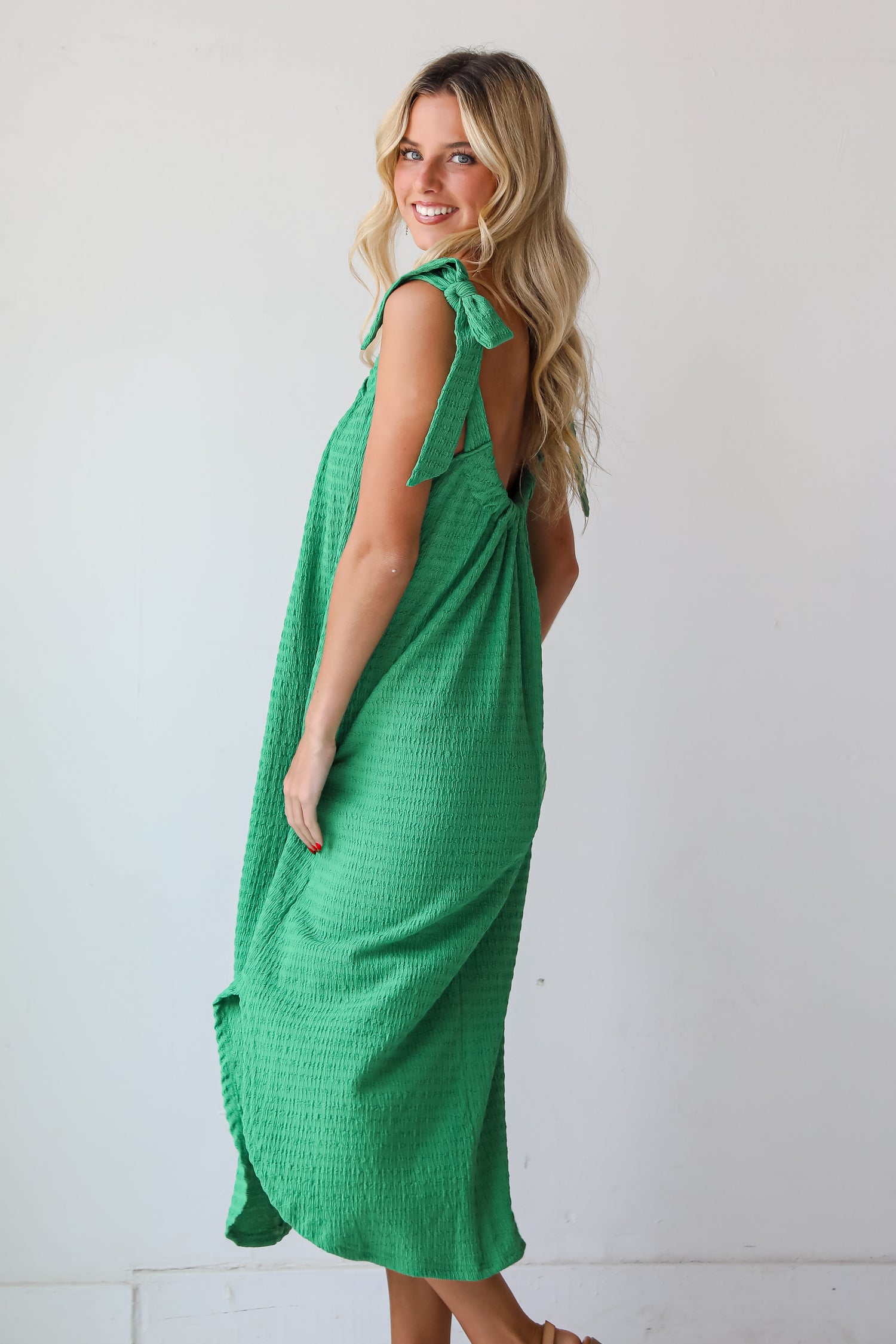 Playful Style Green Textured Midi Dress