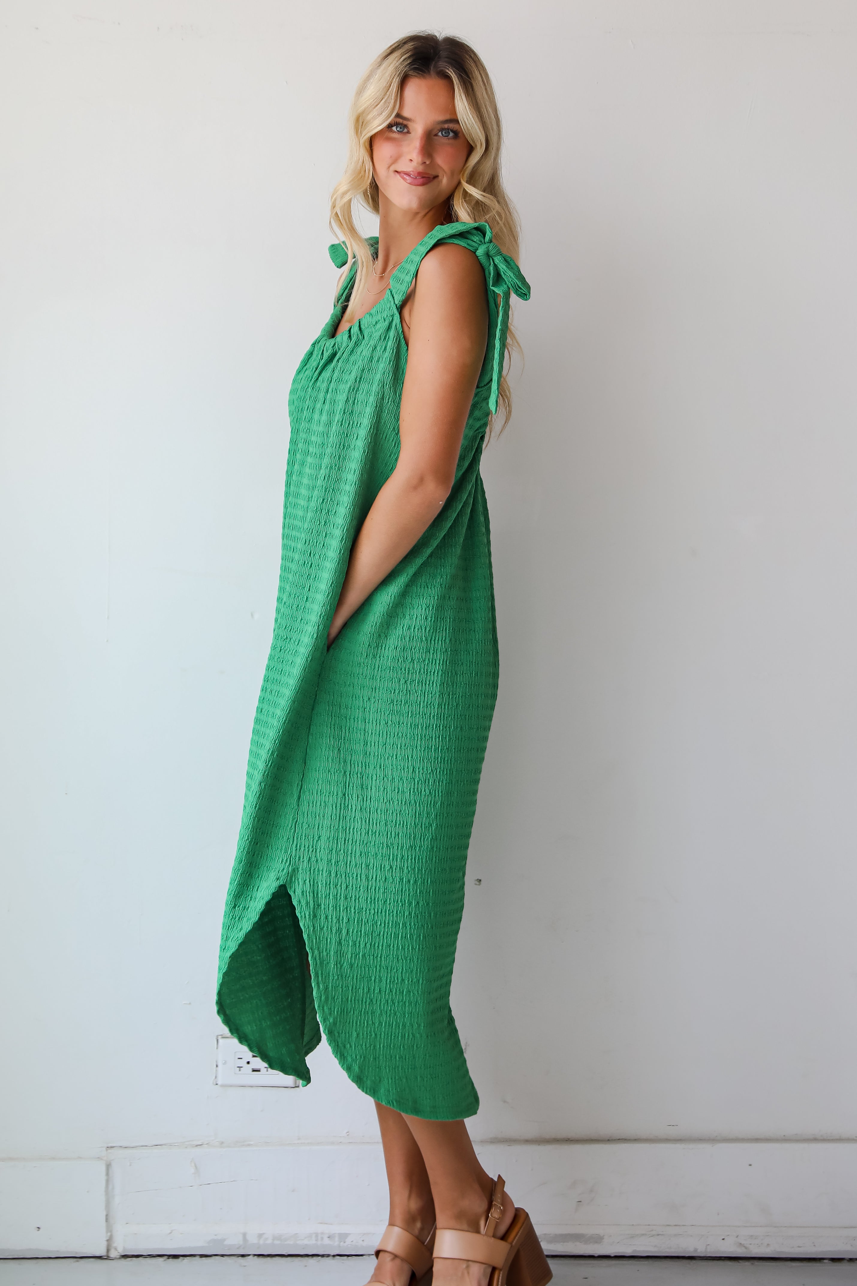 Playful Style Green Textured Midi Dress