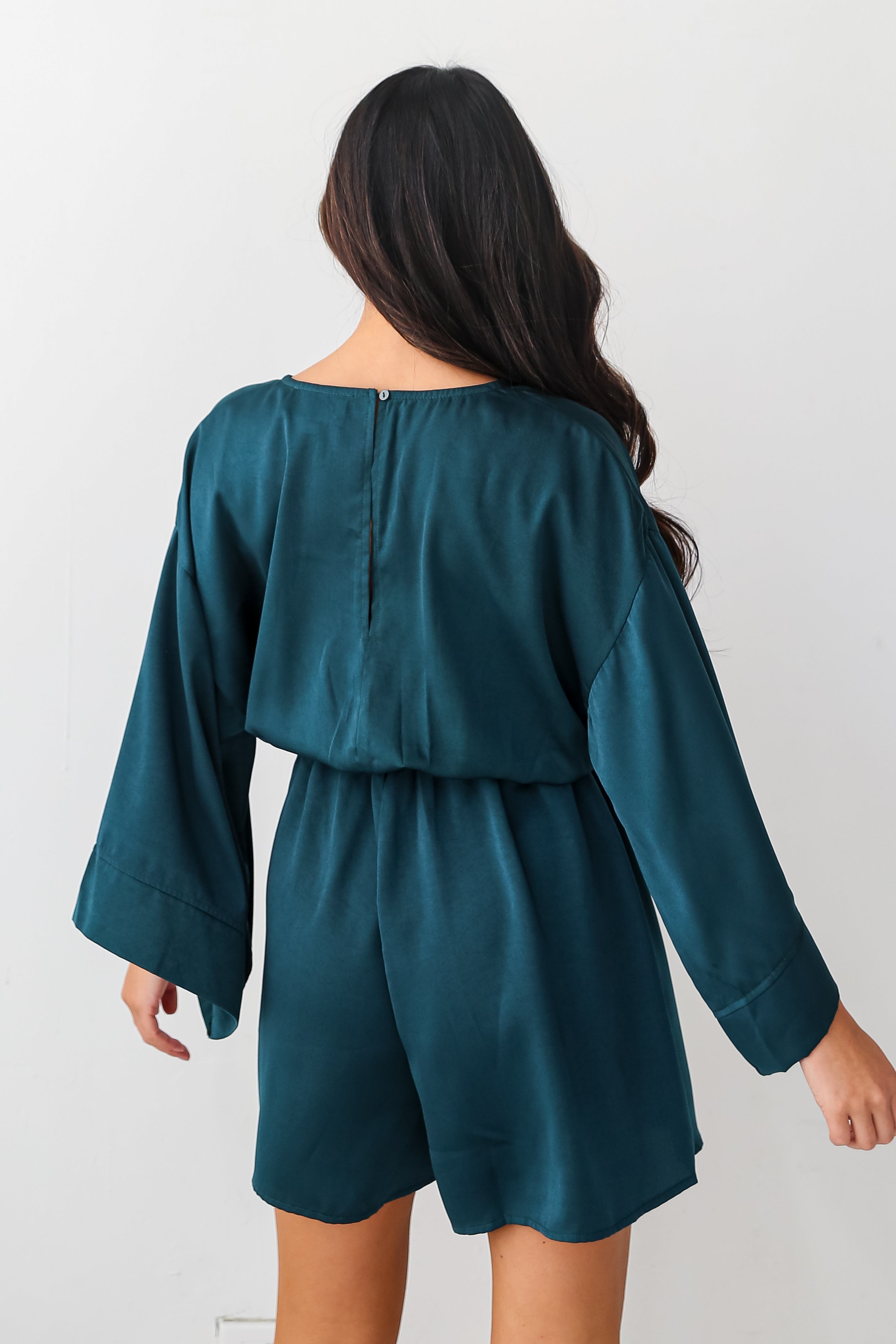 Hunter Green Satin Romper back view