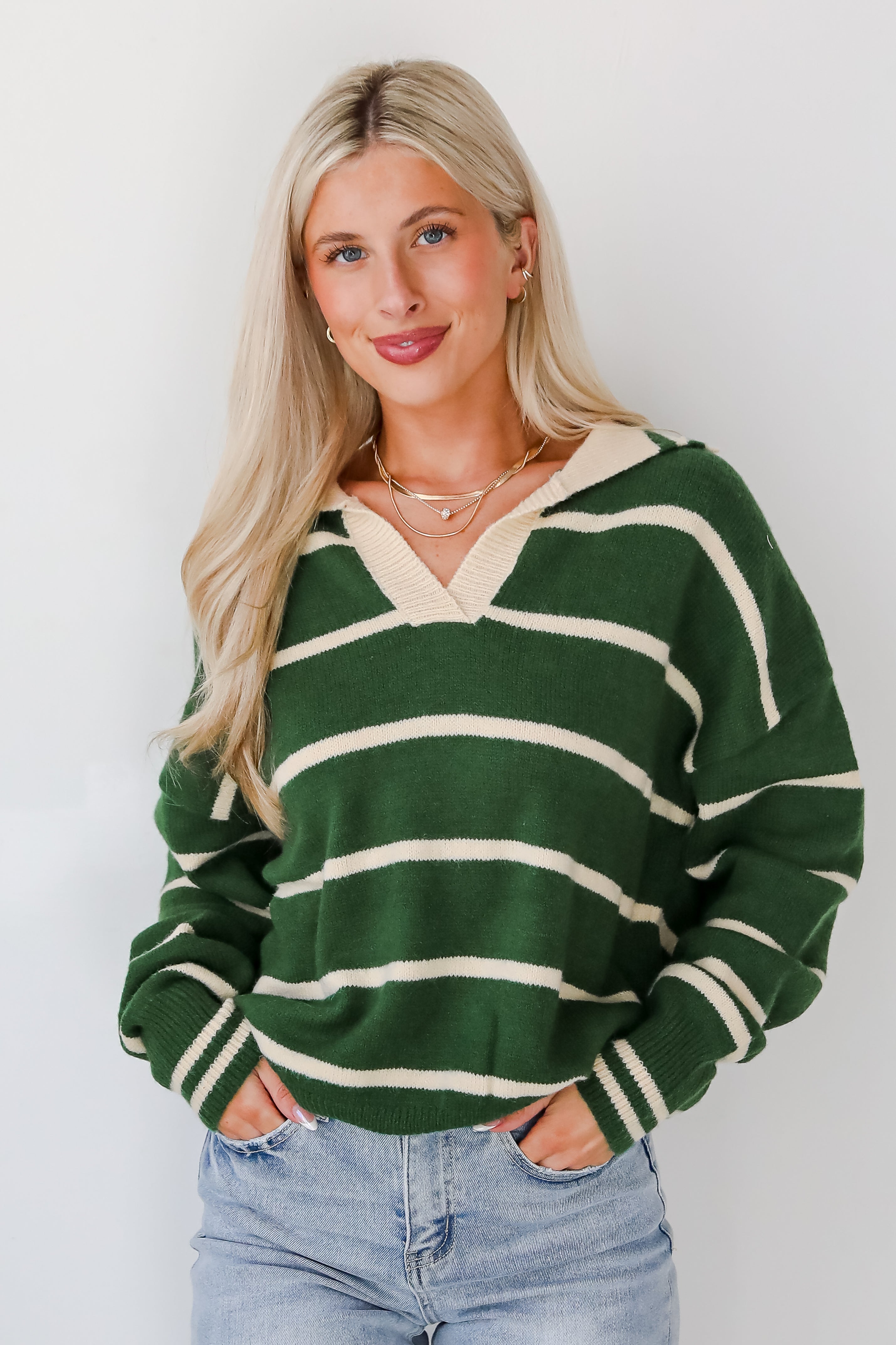 Fashionable Outcome Green Striped Collared Sweater