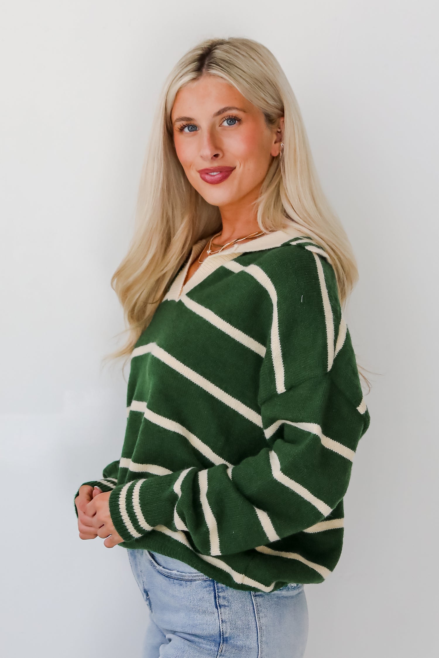 Fashionable Outcome Green Striped Collared Sweater