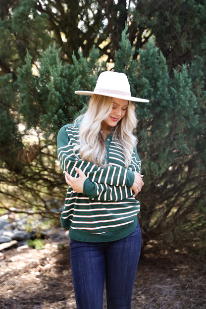 Confirmed Vibe Hunter Green Striped Collared Top