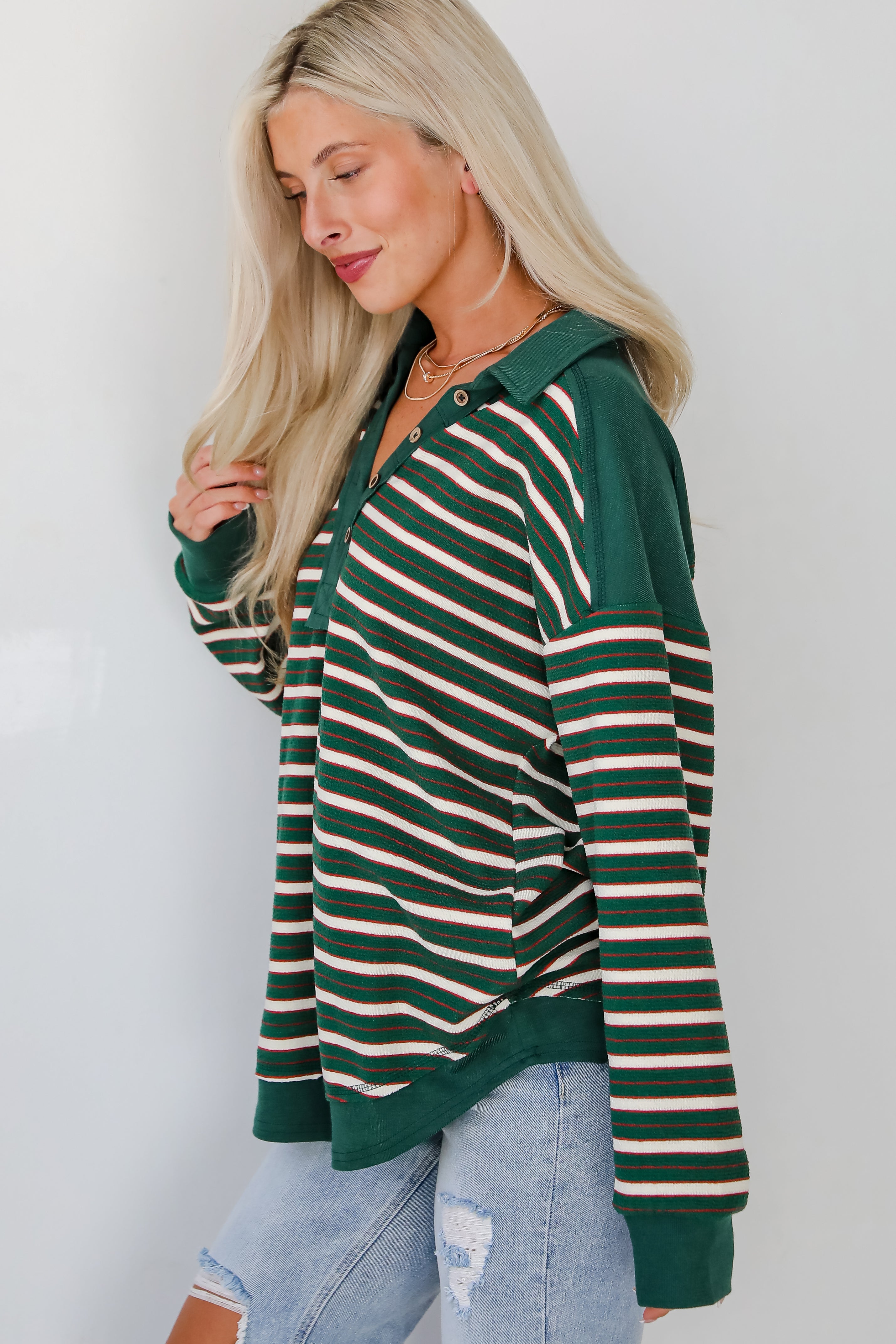 Confirmed Vibe Hunter Green Striped Collared Top