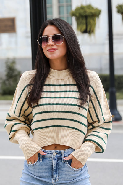 Comfy Cuteness Green Striped Cropped Sweater