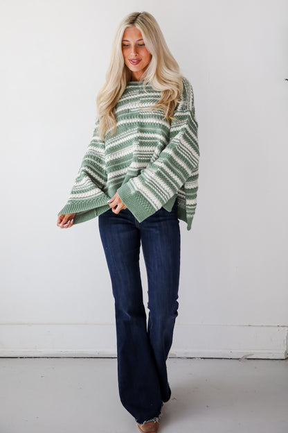 Cozy Conclusion Green Striped Sweater