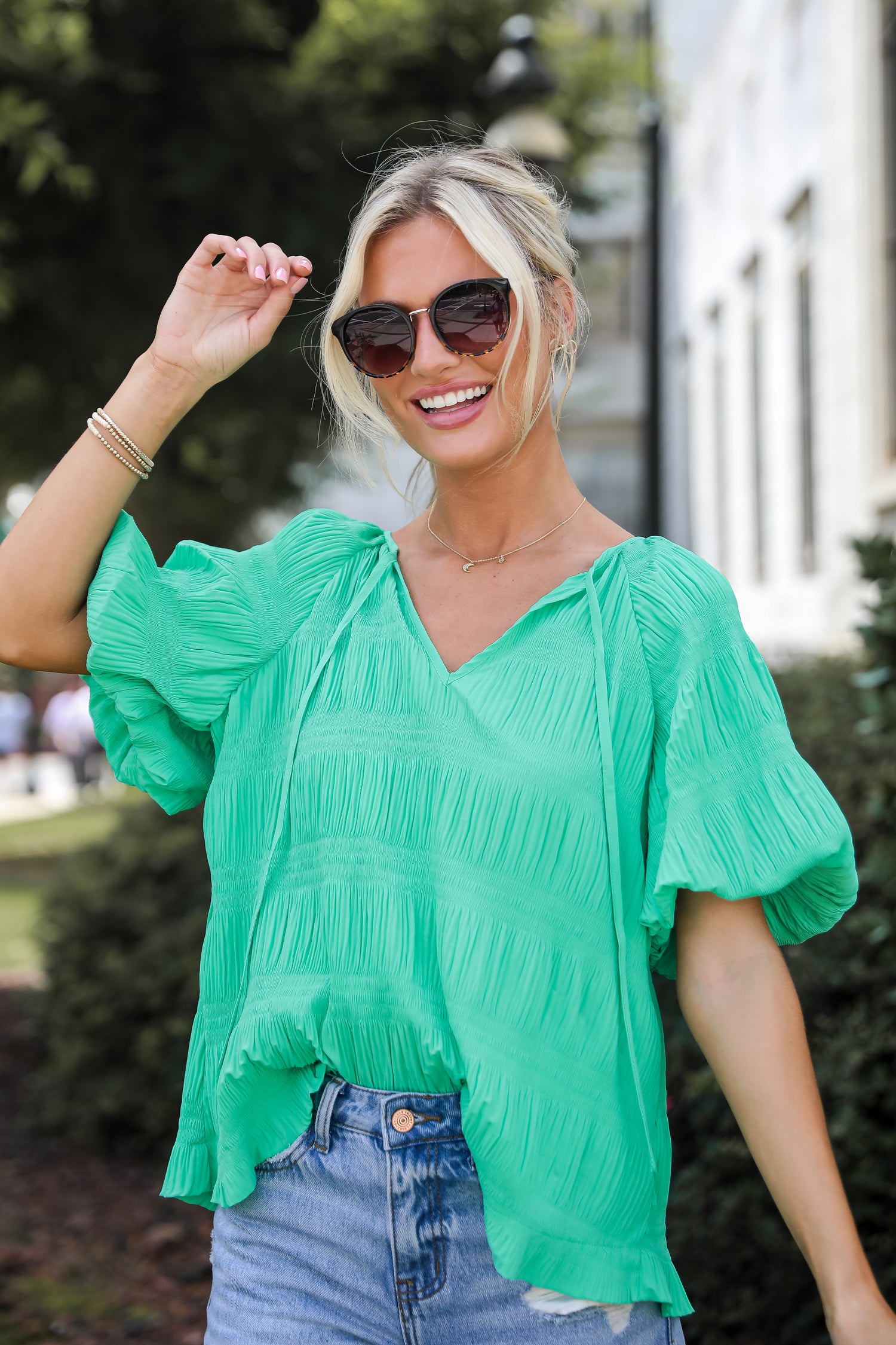 Elegant Confidence Green Textured Blouse