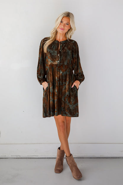 Gorgeous Whimsy Dark Green Velvet Floral Mini Dress