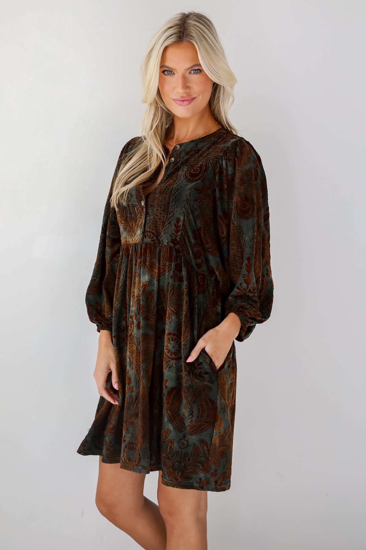 Gorgeous Whimsy Dark Green Velvet Floral Mini Dress