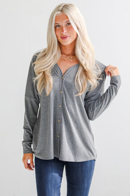 Cozy Classic Ribbed Knit Button Front Top