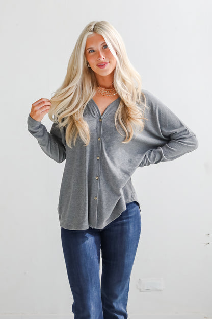 Cozy Classic Ribbed Knit Button Front Top