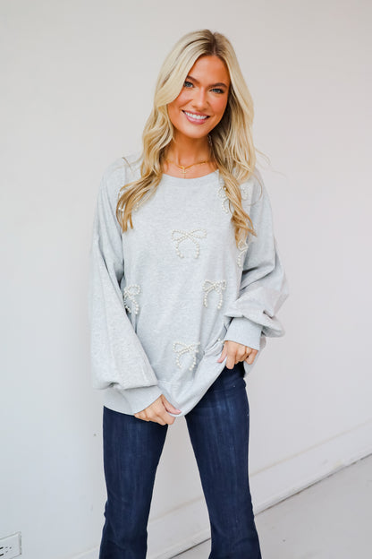 Marvelous Dazzle Heather Grey Pearl Bow Pullover