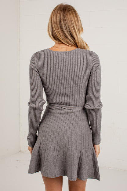 Chic By Choice Grey Ribbed Wrap Knit Mini Dress