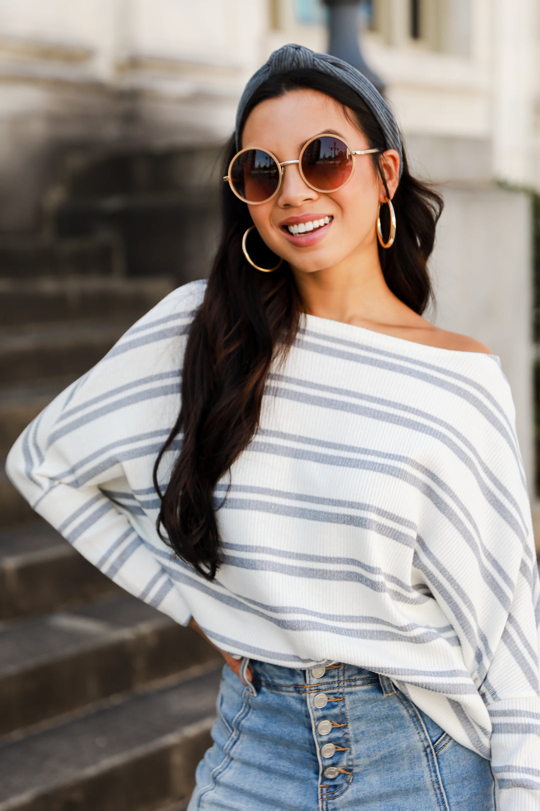 grey Striped Knit Top