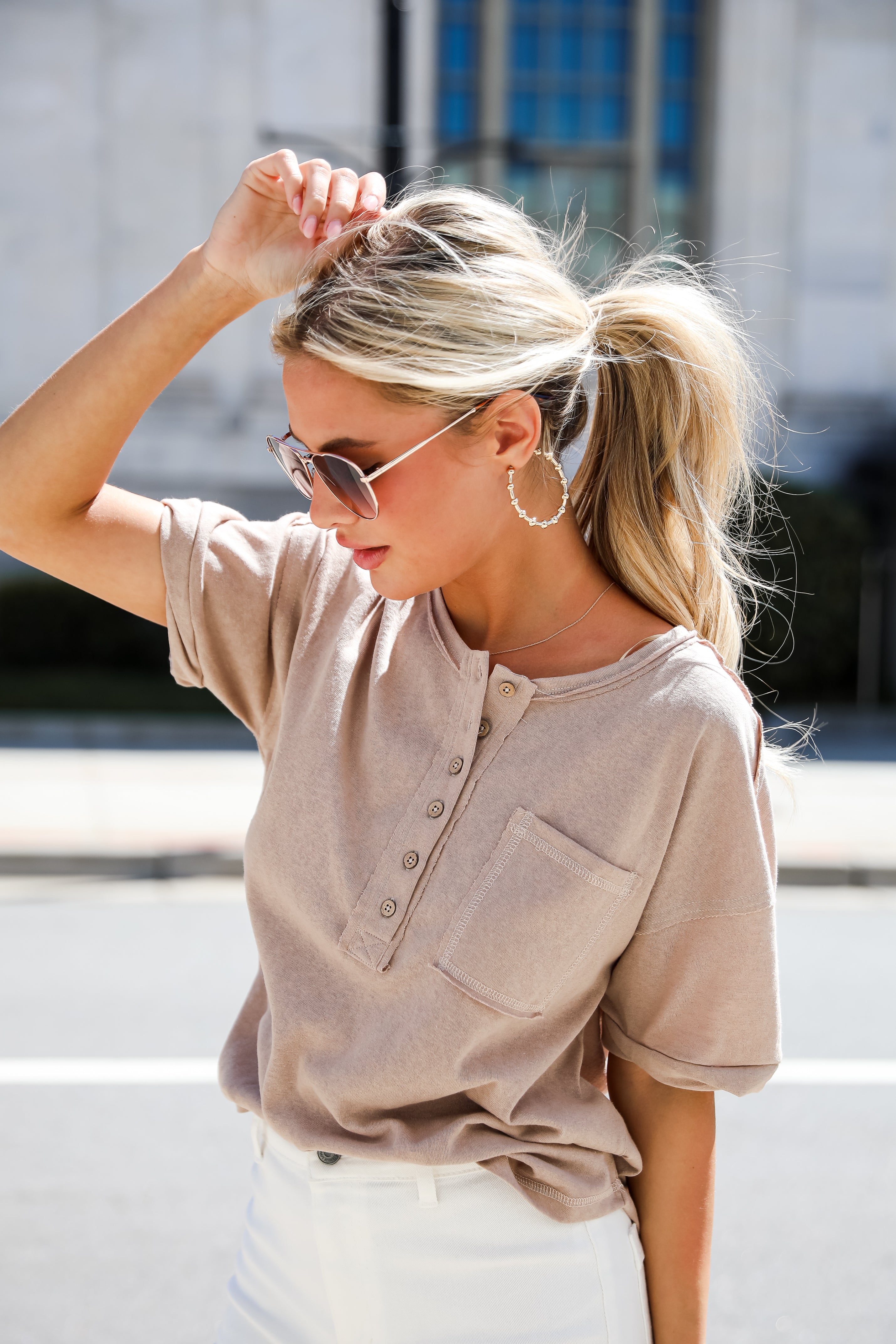 Tan Henley Tee. Online boutique. 