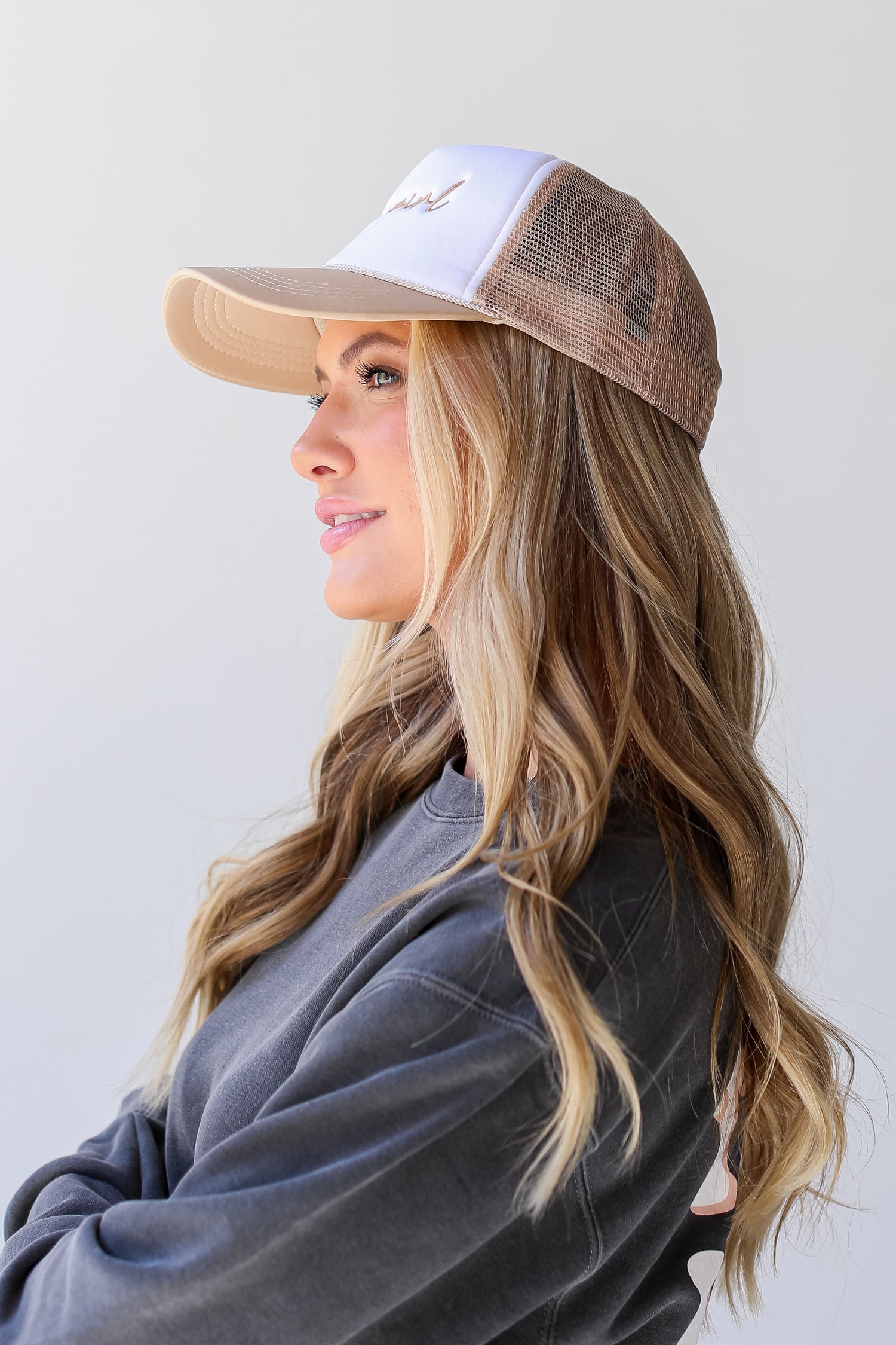 cute Taupe Homegirl Trucker Hat side view