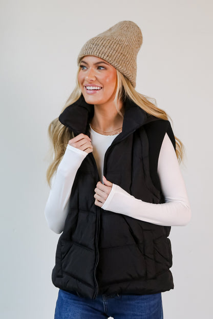 black Hooded Puffer Vest on model