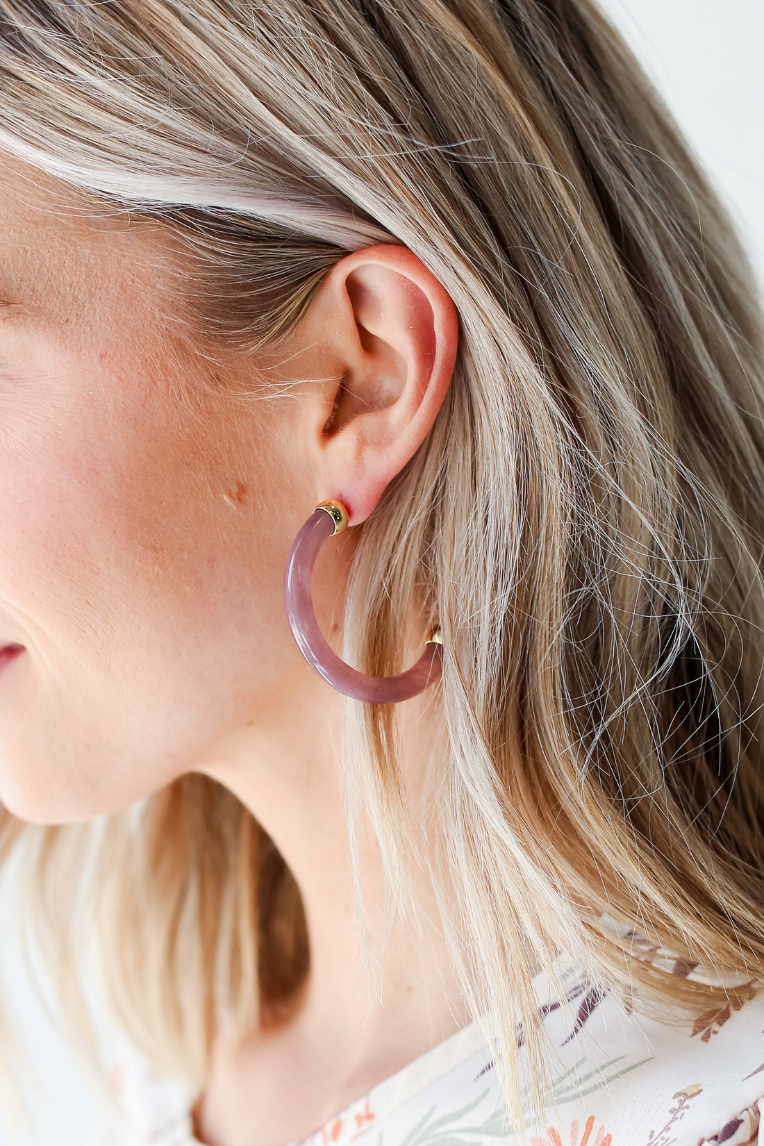 Mauve Acrylic Hoop Earrings on model