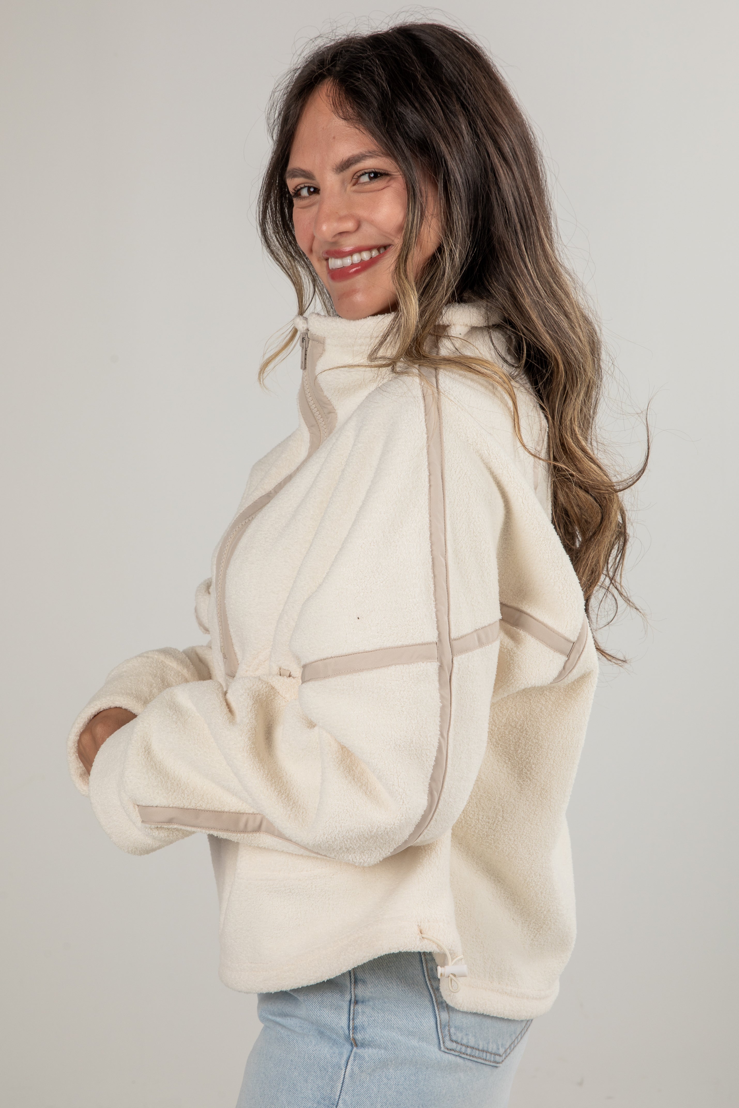 white fleece sweatshirt