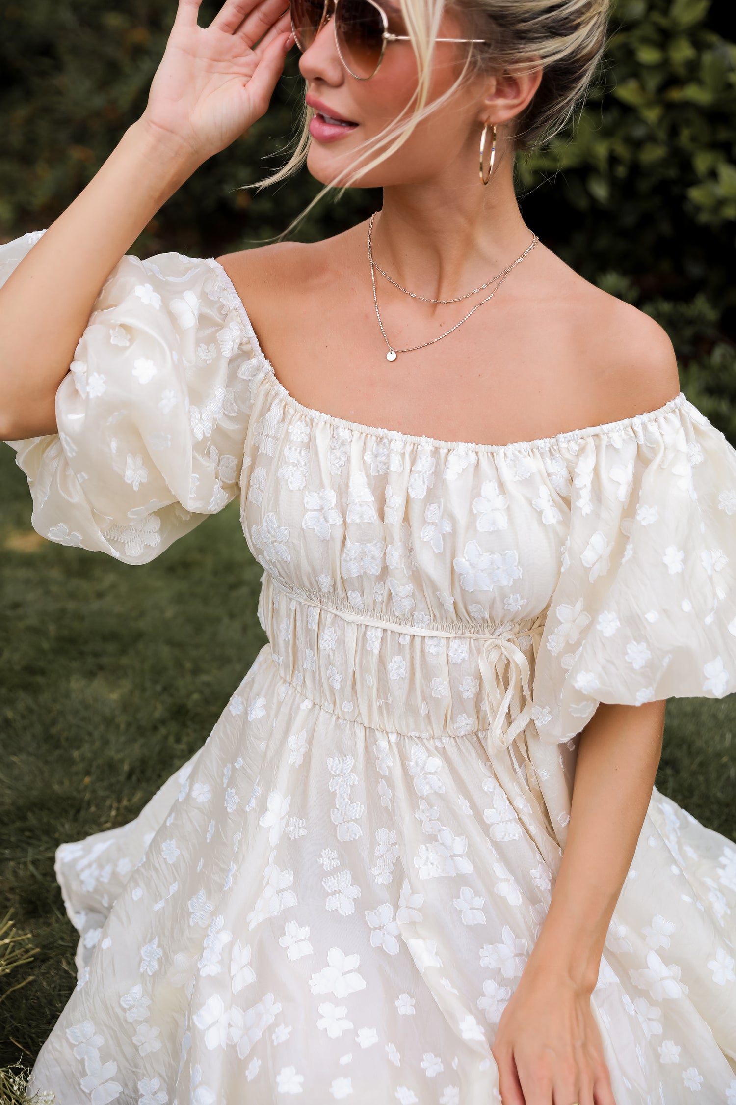 Garden Radiance Ivory Floral Puff Sleeve Mini Dress