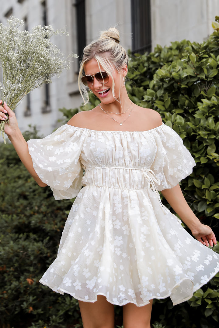 Garden Radiance Ivory Floral Puff Sleeve Mini Dress for spring