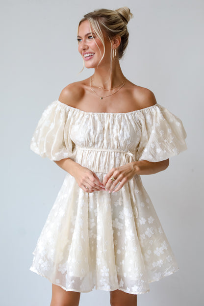 Garden Radiance Ivory Floral Puff Sleeve Mini Dress