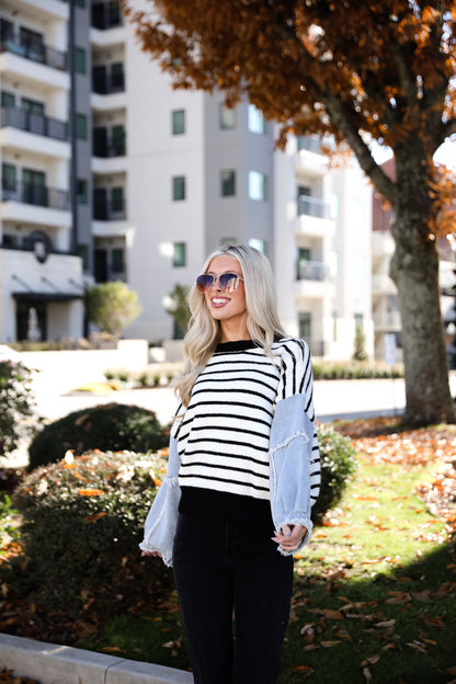 Coveted Element Ivory Striped Contrast Sweater