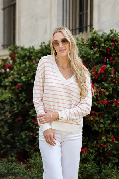 Certainly Cute Ivory Striped Lightweight Knit Top