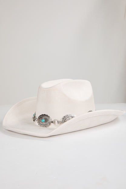 White cowboy hat with decorative band on a white background