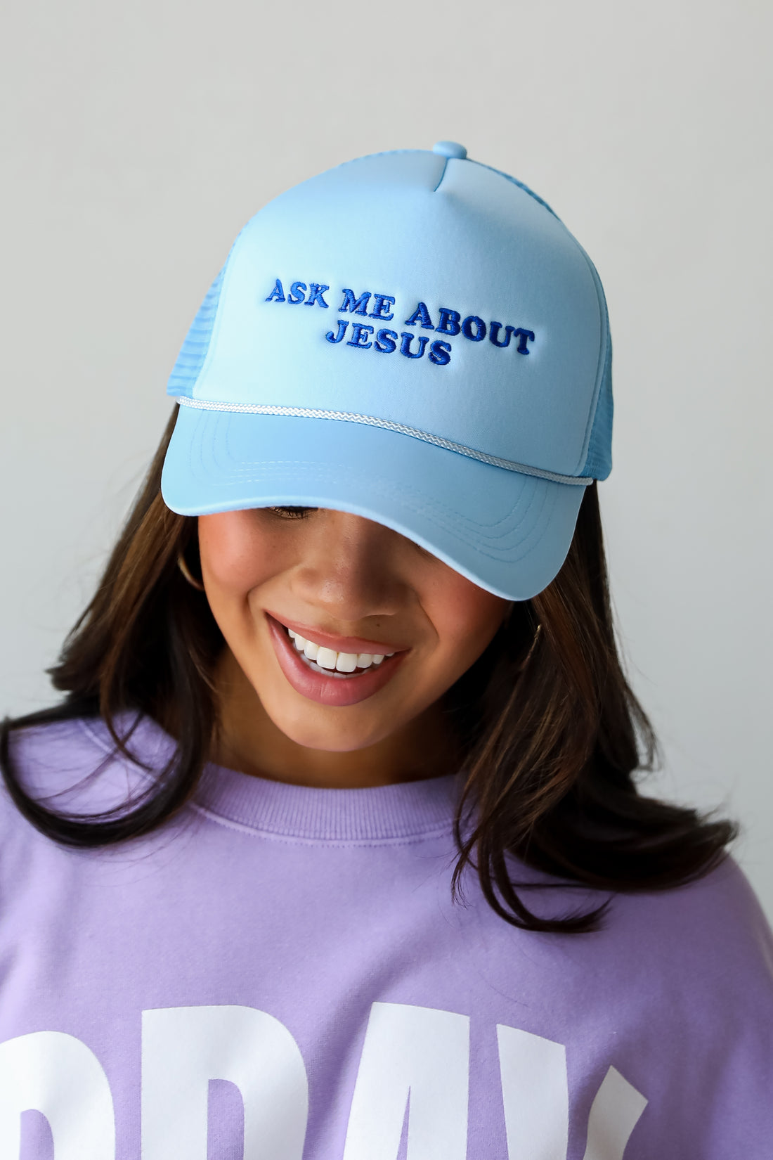 Light Blue Ask Me About Jesus Trucker Hat