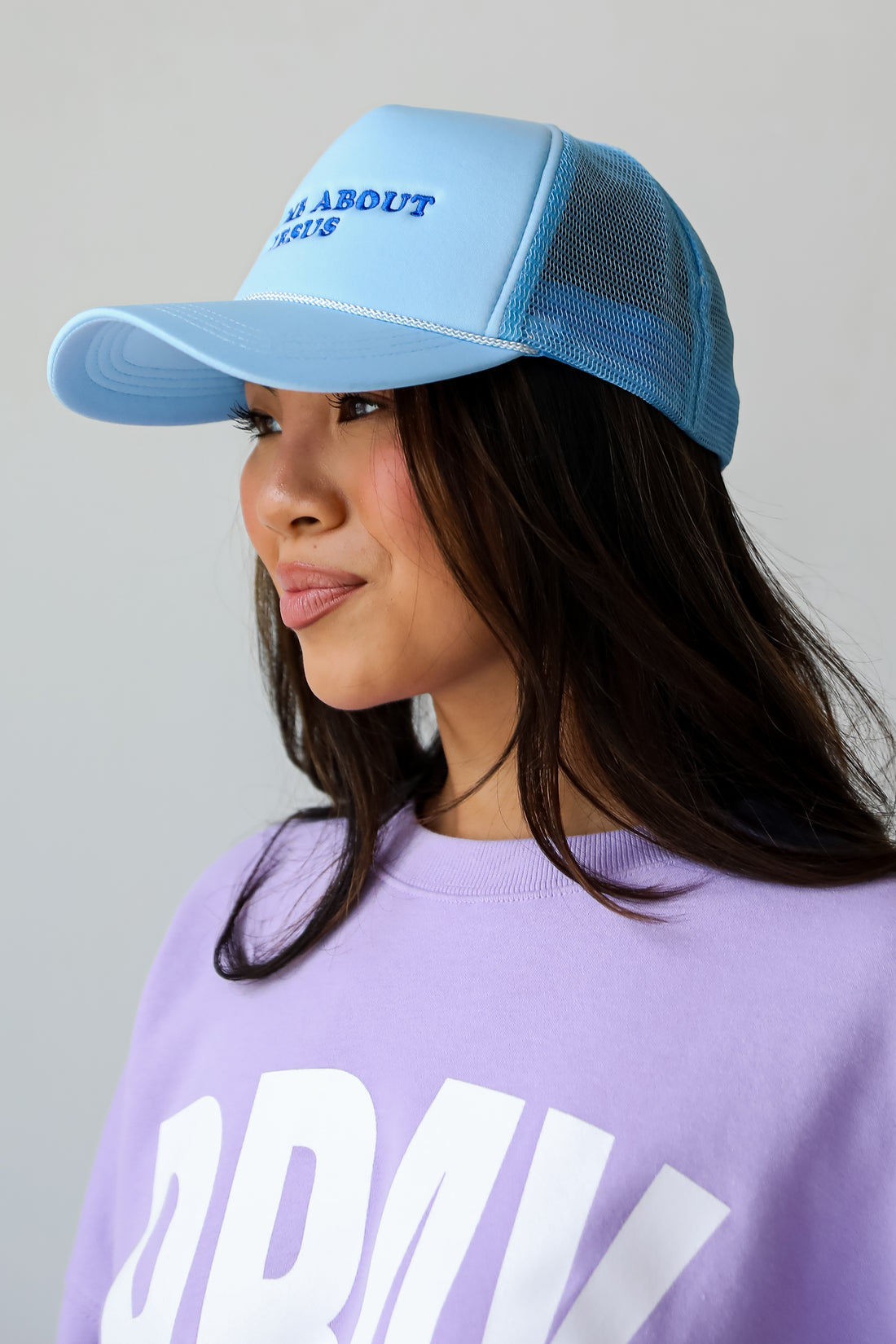 Light Blue Ask Me About Jesus Trucker Hat