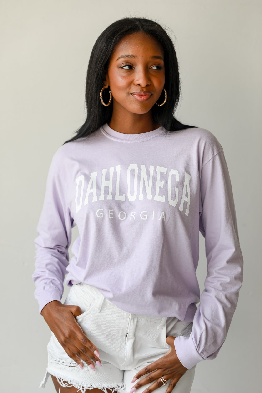 Lavender Dahlonega Georgia Long Sleeve Tee on model