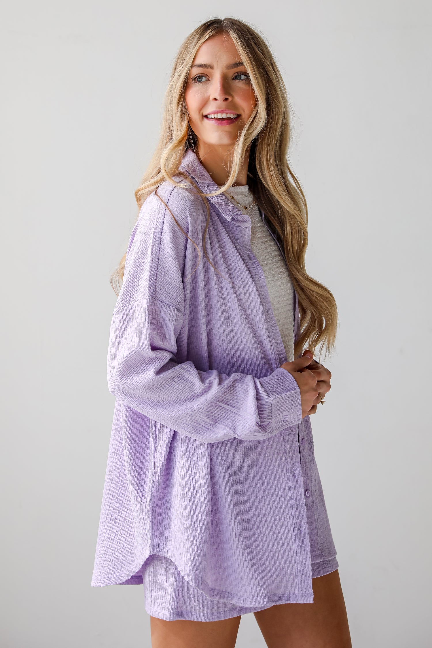 oversized Lavender Smocked Button-Up Blouse. Dress Up Boutique. women&