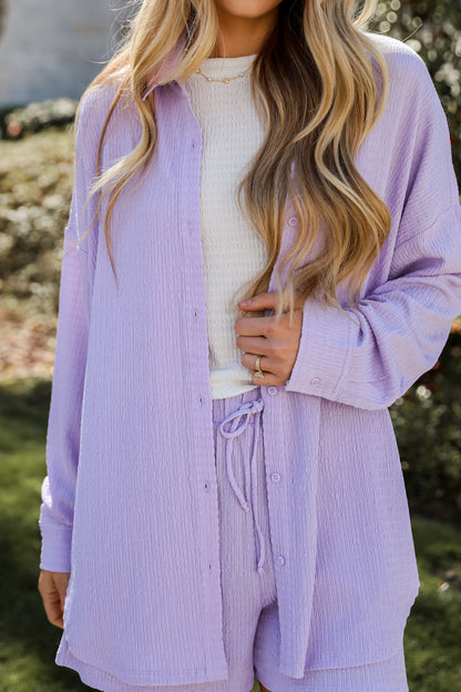 cute Lavender Smocked Button-Up Blouse. Causal shorts for women. Online women&