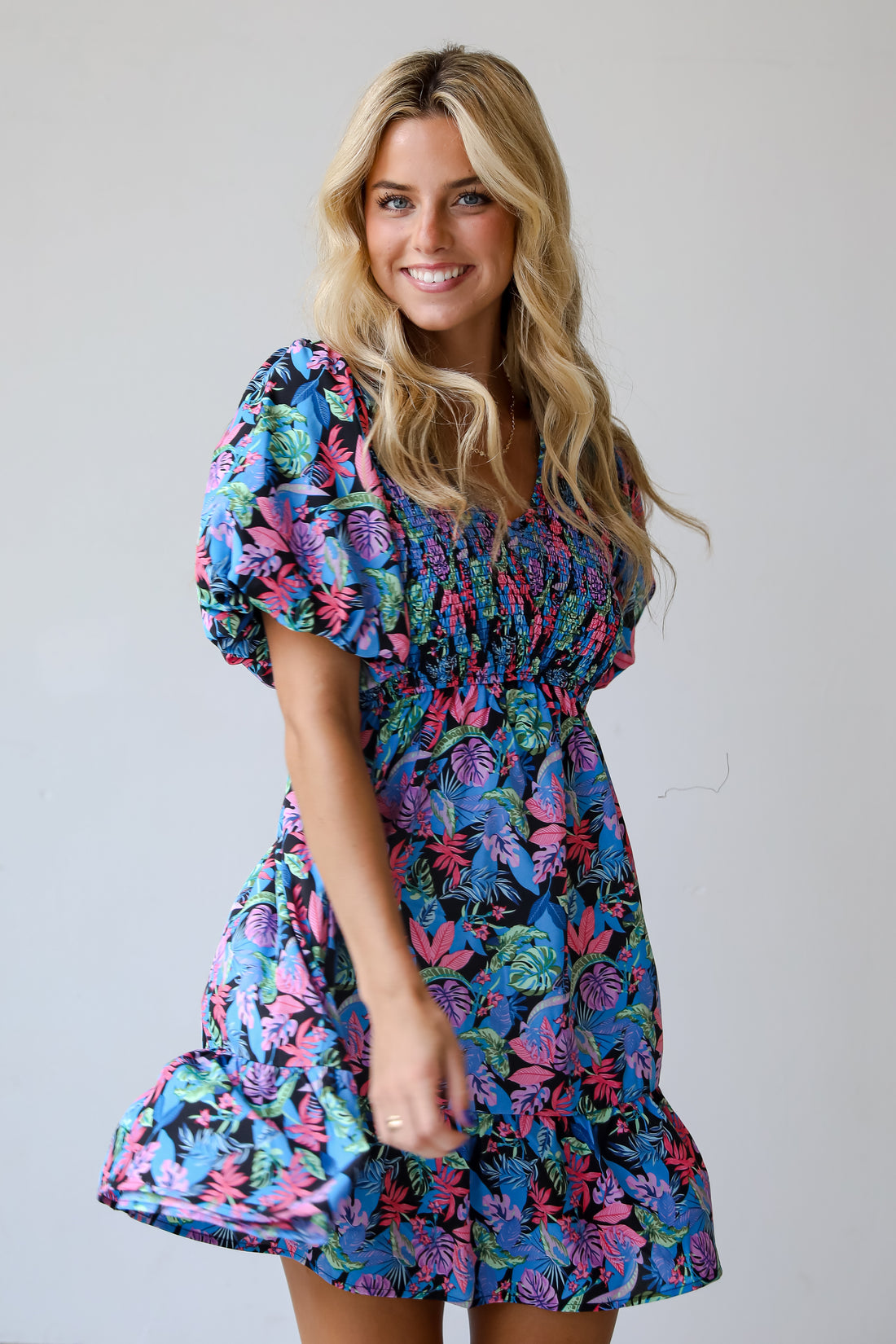 Bahama Beauty Blue Leaf Print Mini Dress