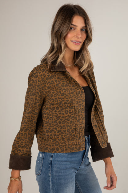Woman wearing a leopard print jacket and blue jeans on a plain background