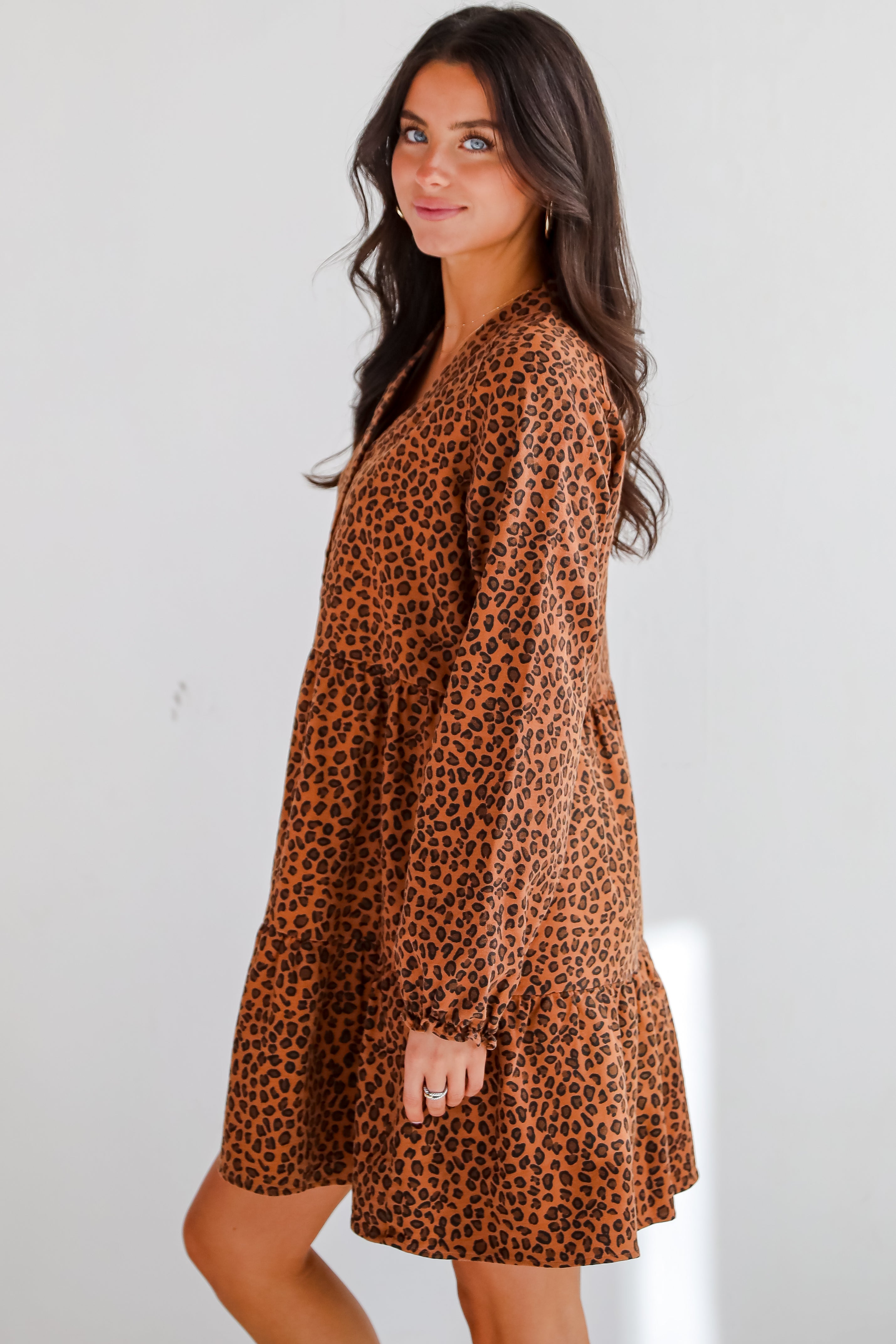 Fierce Charm Camel Leopard Tiered Mini Dress