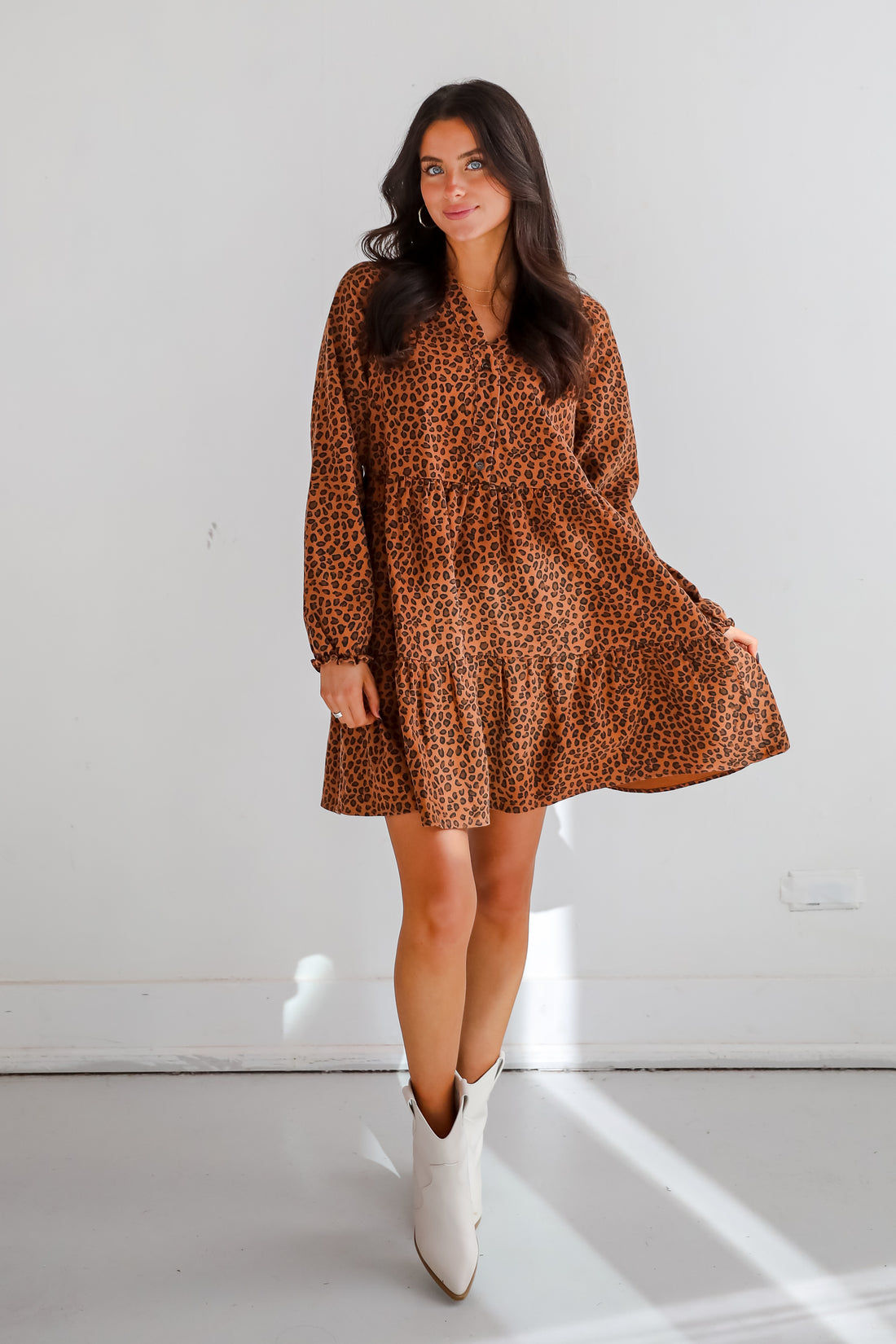 Fierce Charm Camel Leopard Tiered Mini Dress