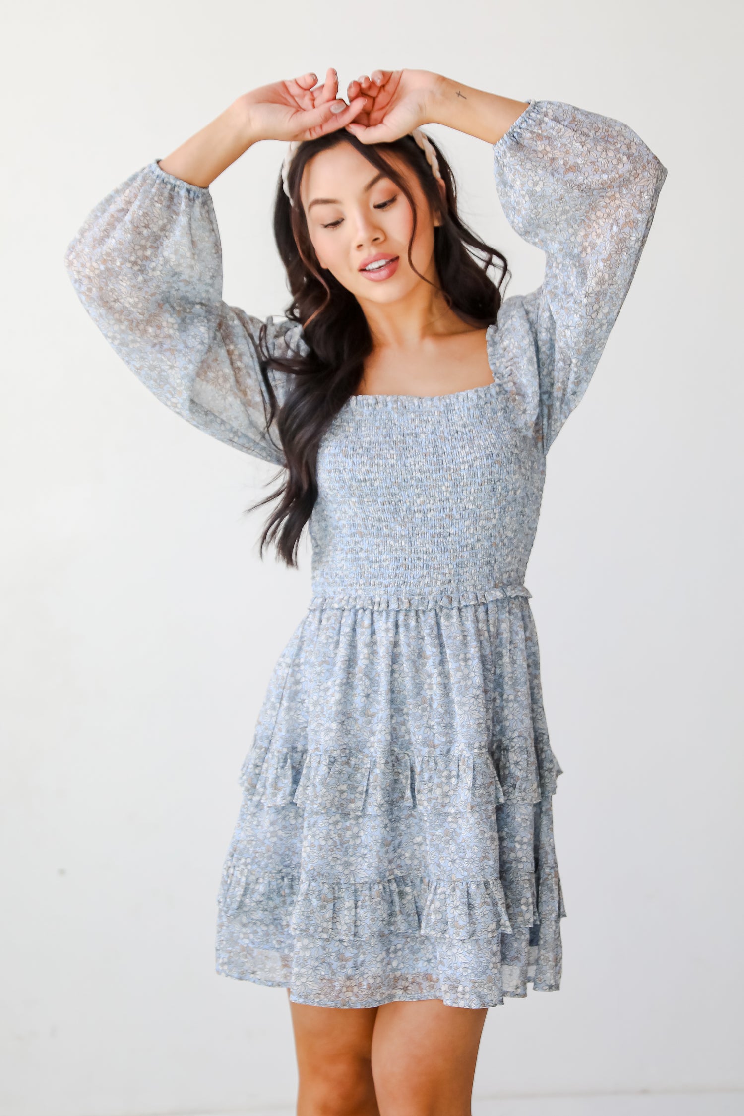 Modern Romantic Light Blue Floral Smocked Mini Dress