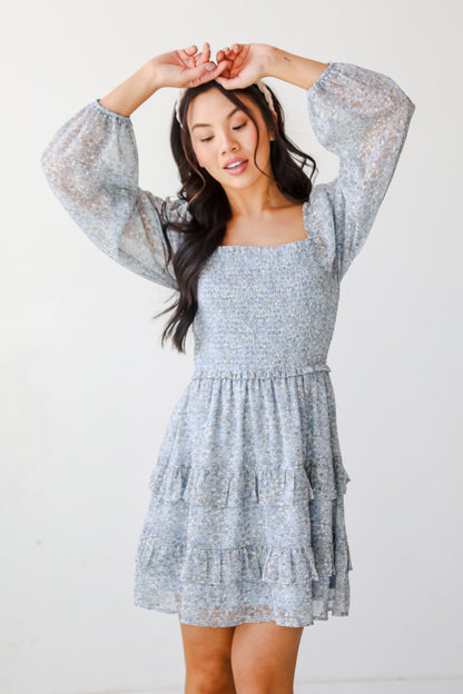 Modern Romantic Light Blue Floral Smocked Mini Dress