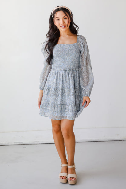 Modern Romantic Light Blue Floral Smocked Mini Dress