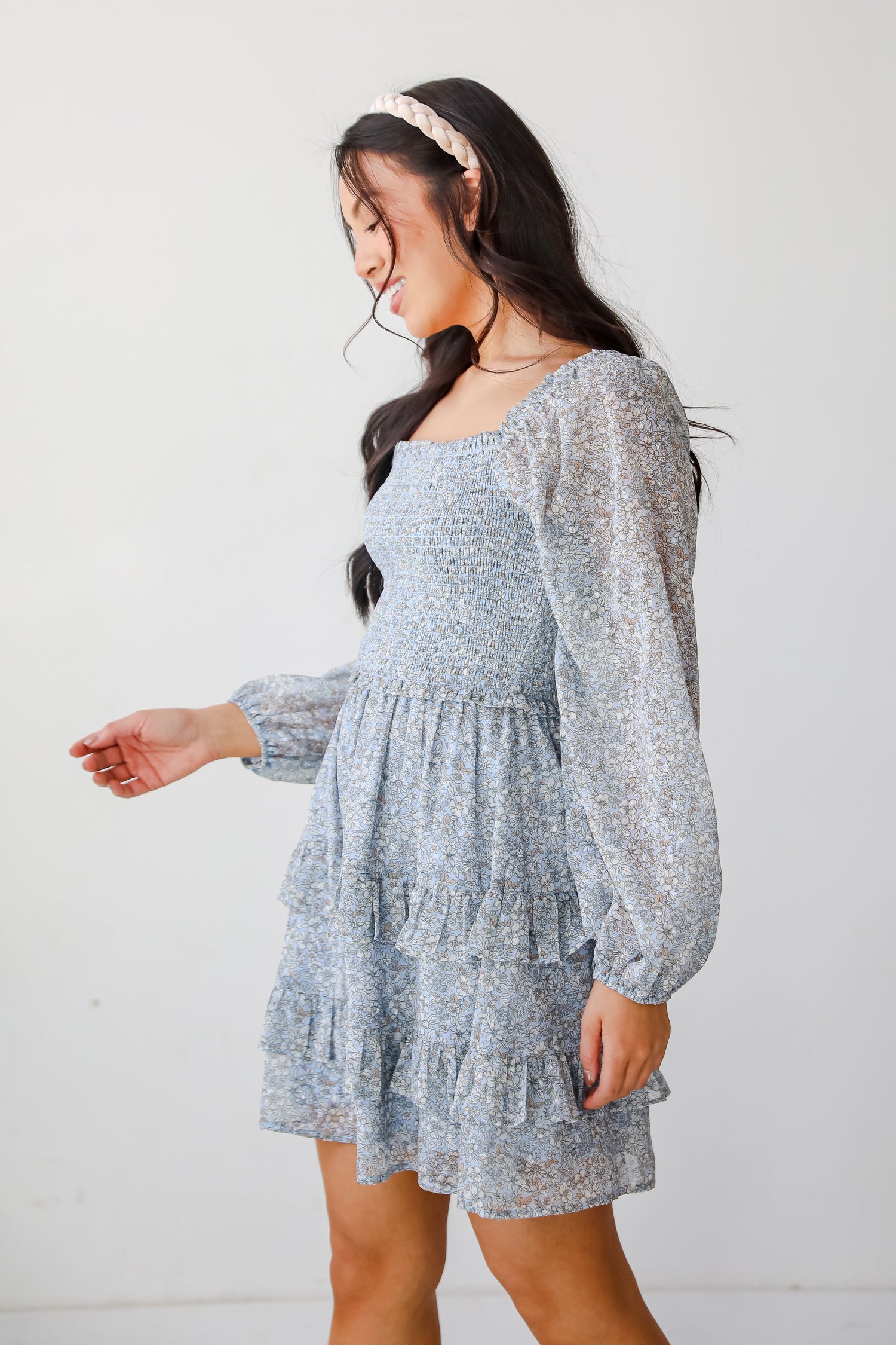 Modern Romantic Light Blue Floral Smocked Mini Dress