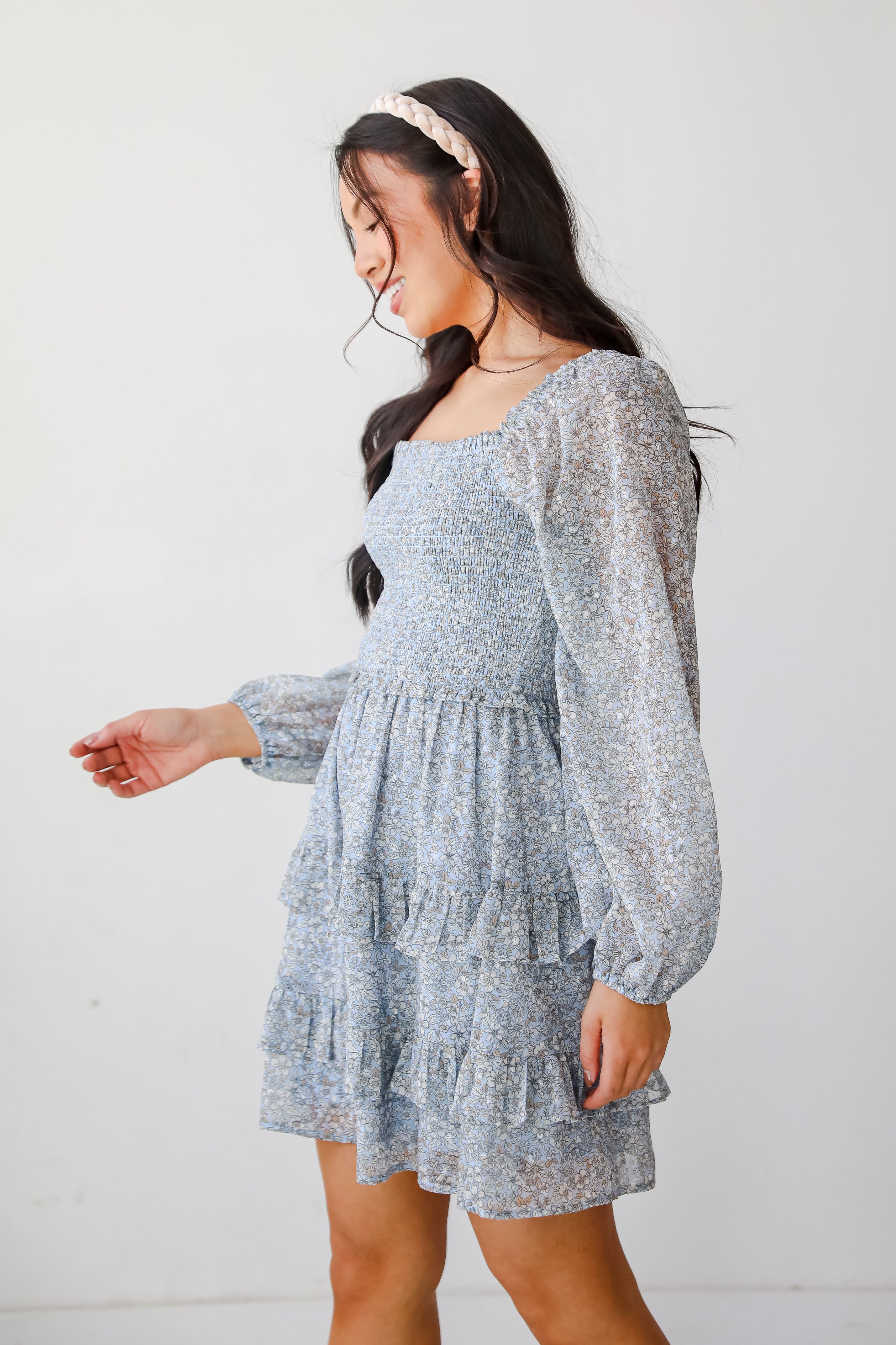 Modern Romantic Light Blue Floral Smocked Mini Dress