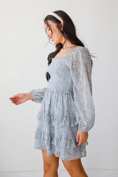 Modern Romantic Light Blue Floral Smocked Mini Dress