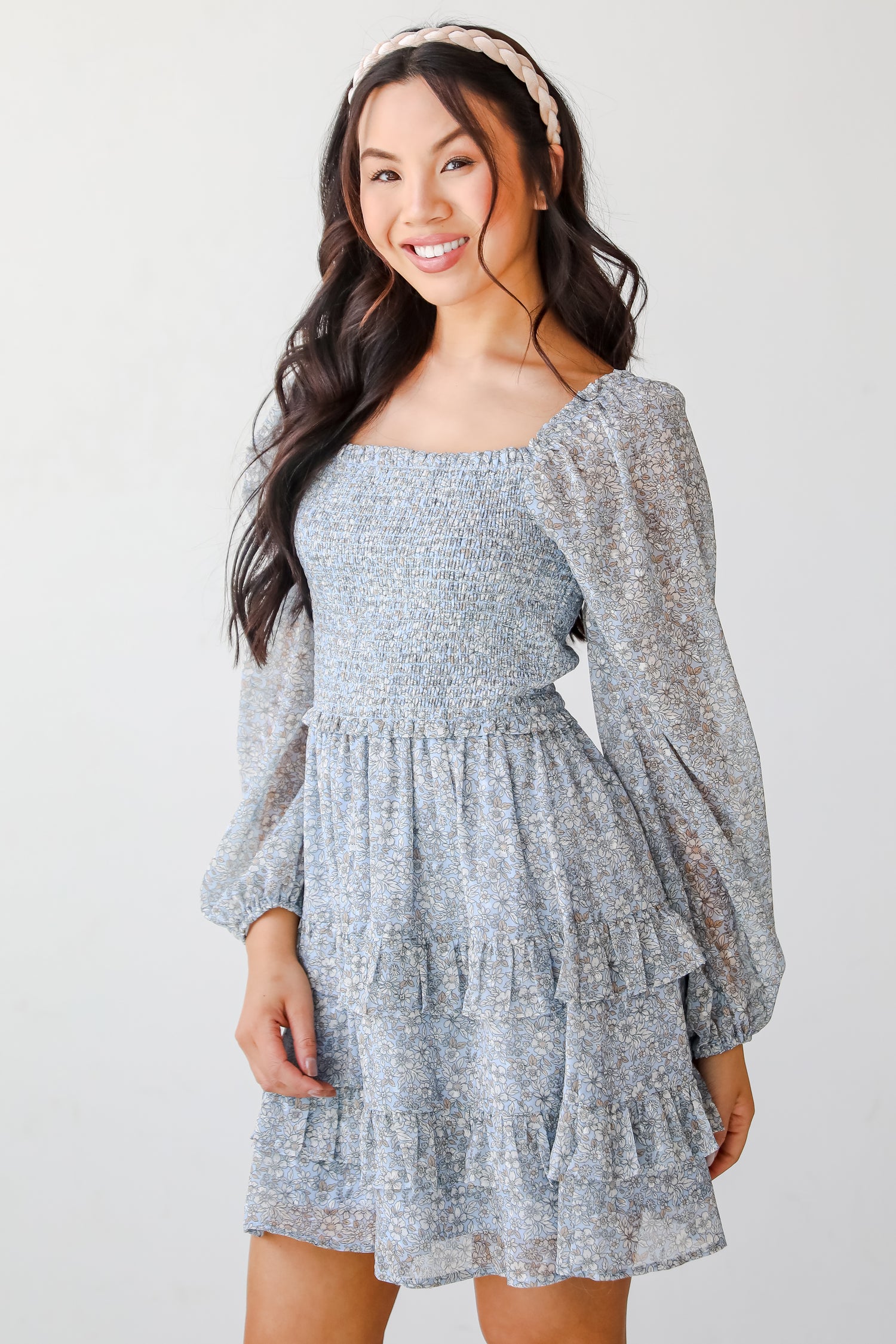 Modern Romantic Light Blue Floral Smocked Mini Dress